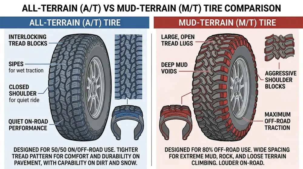 Infographic of all-terrain tire vs mud-terrain tire