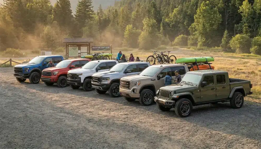 lineup of pickup trucks with various off-road tires
