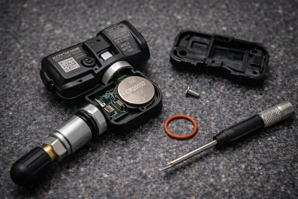 Disassembled TPMS sensor on workbench