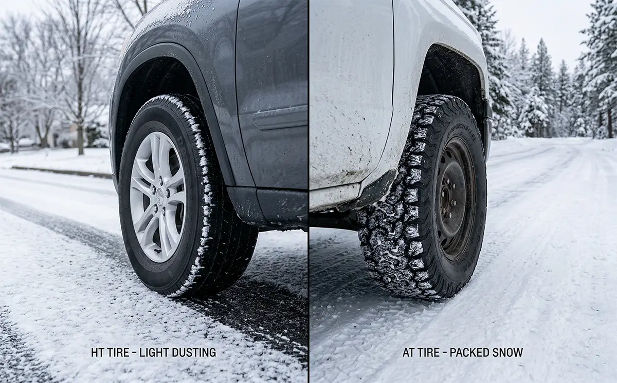 HT tire on light dusting of snow vs AT tire on packed snowy road
