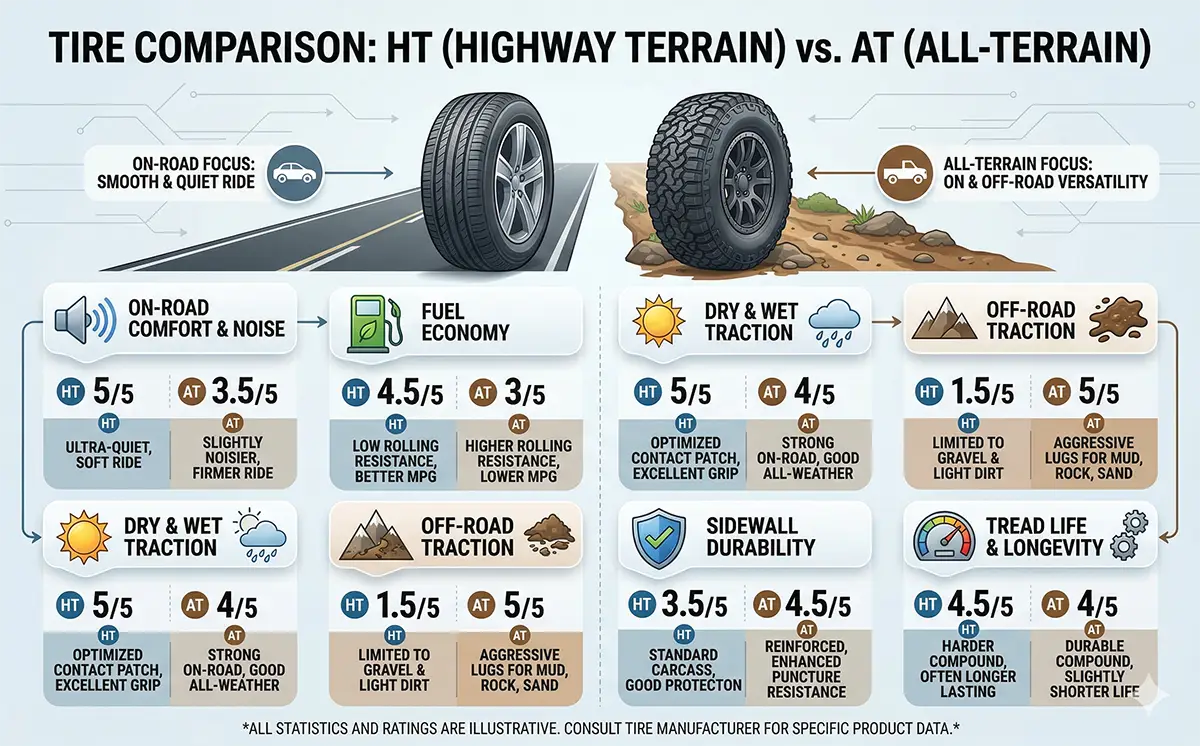 Infographic showing HT vs AT tire comparison stats