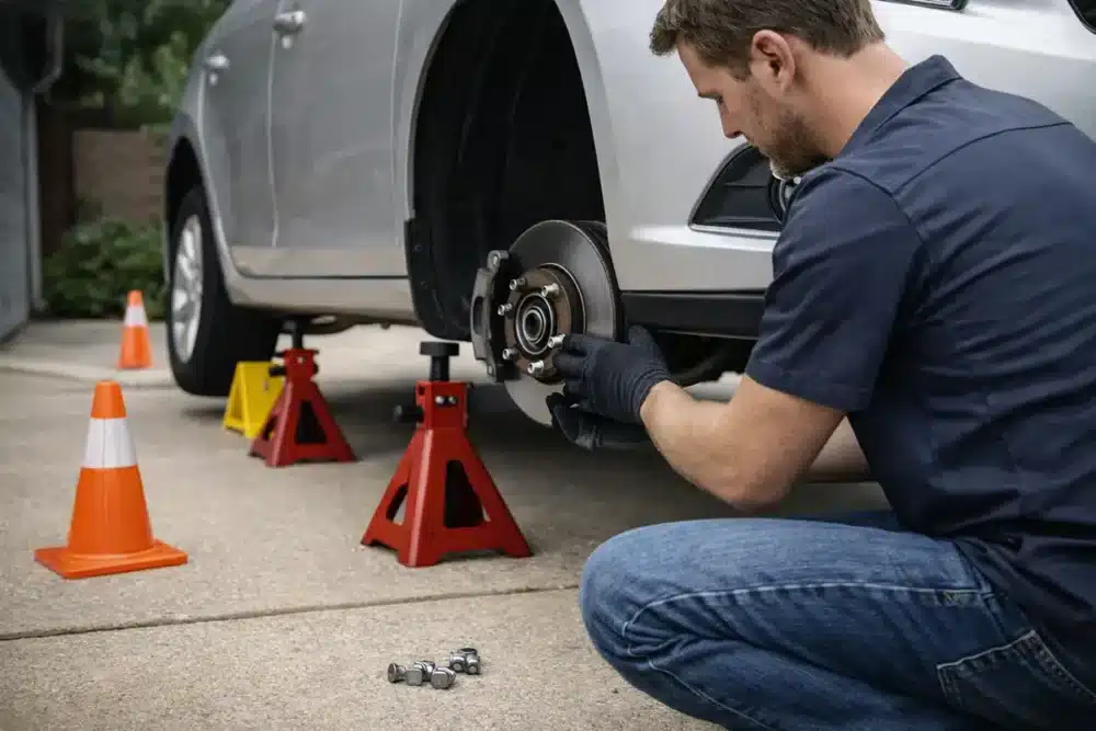 Mechanic working on car in driveway