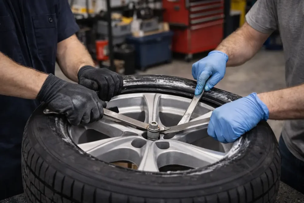 Mechanics mounting a tire in garage
