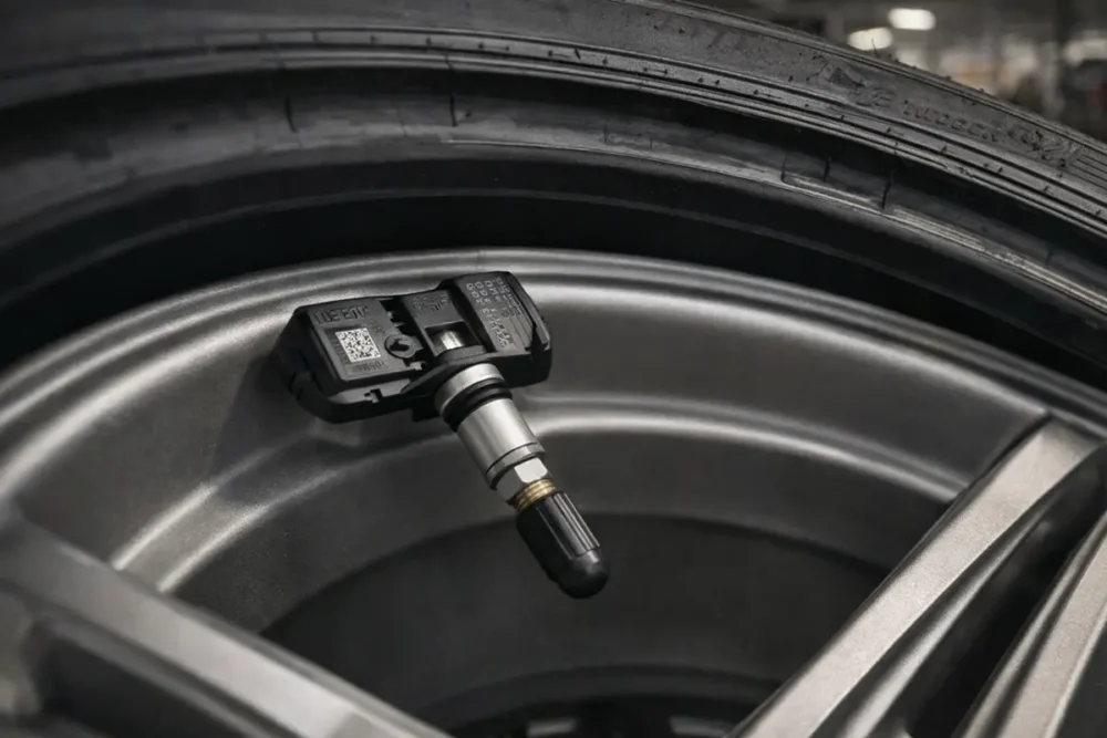 TPMS sensor in automotive garage close-up