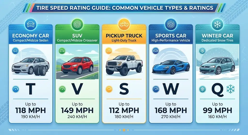 Different vehicle types with their corresponding tire and speed rating label