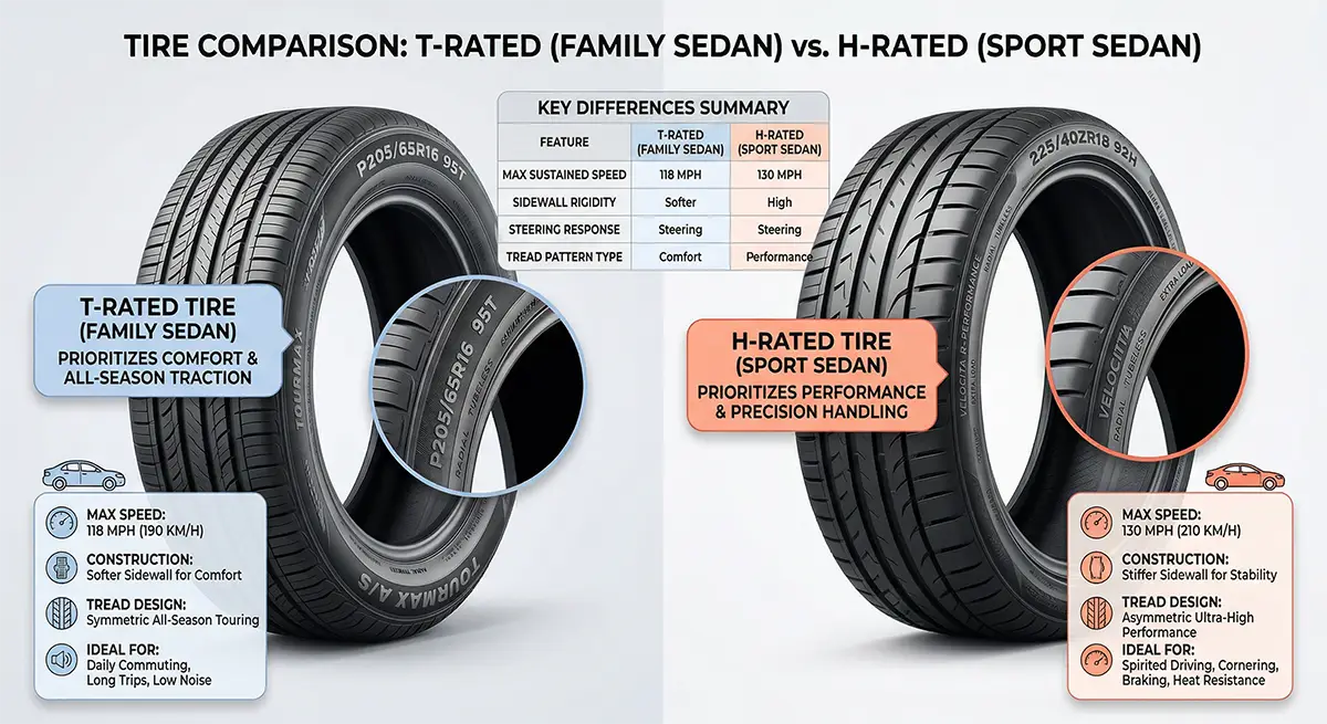 T-rated family sedan tire vs an H-rated sport sedan tire