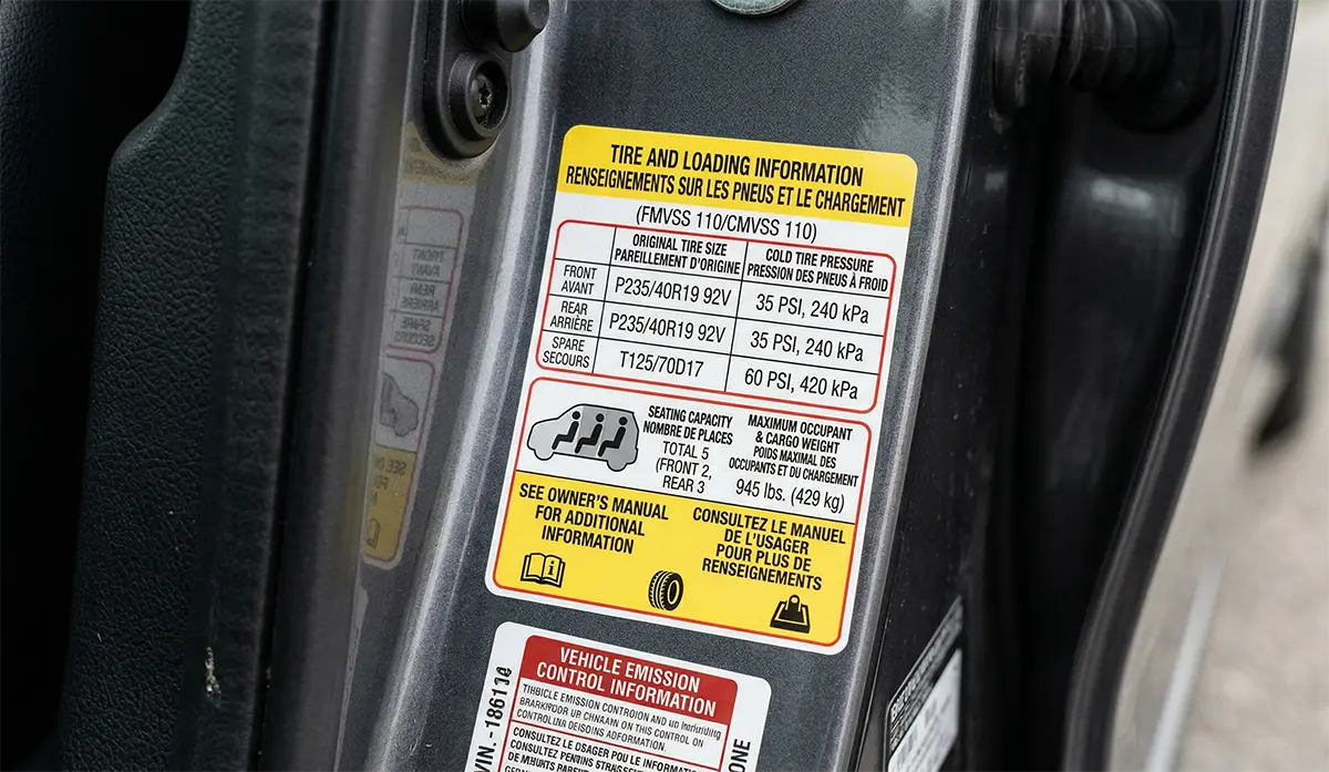 Driver's door jamb tire information