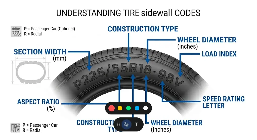 tire sidewall with annotations pointing to each part of the tire