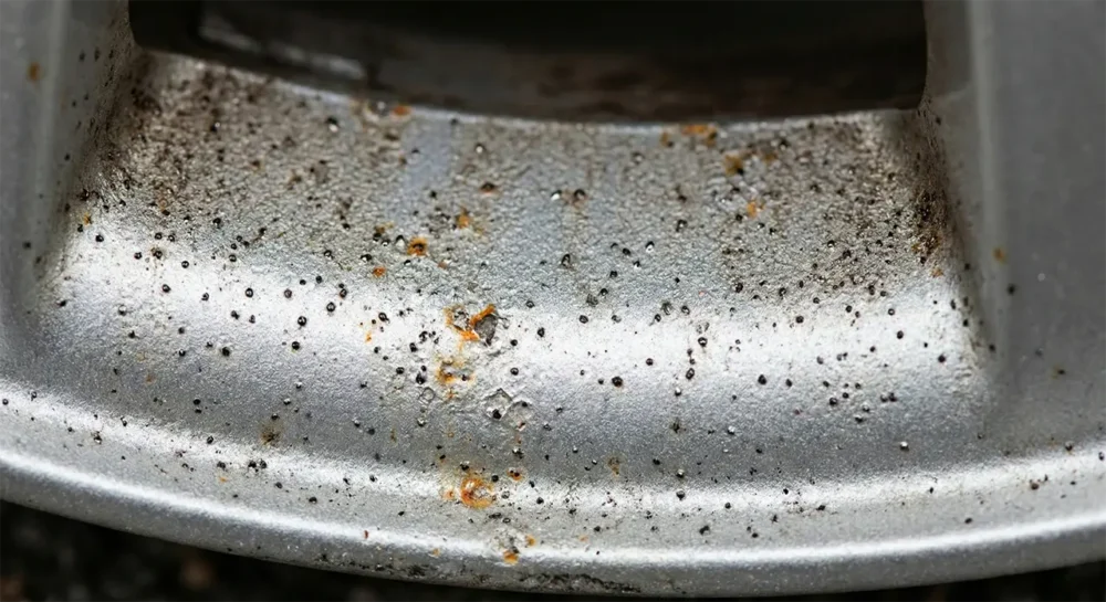 How to Maintain Your Wheels: A Real-World Testing Guide 7 A close-up of severe brake dust buildup showing embedded iron particles and corrosion.
