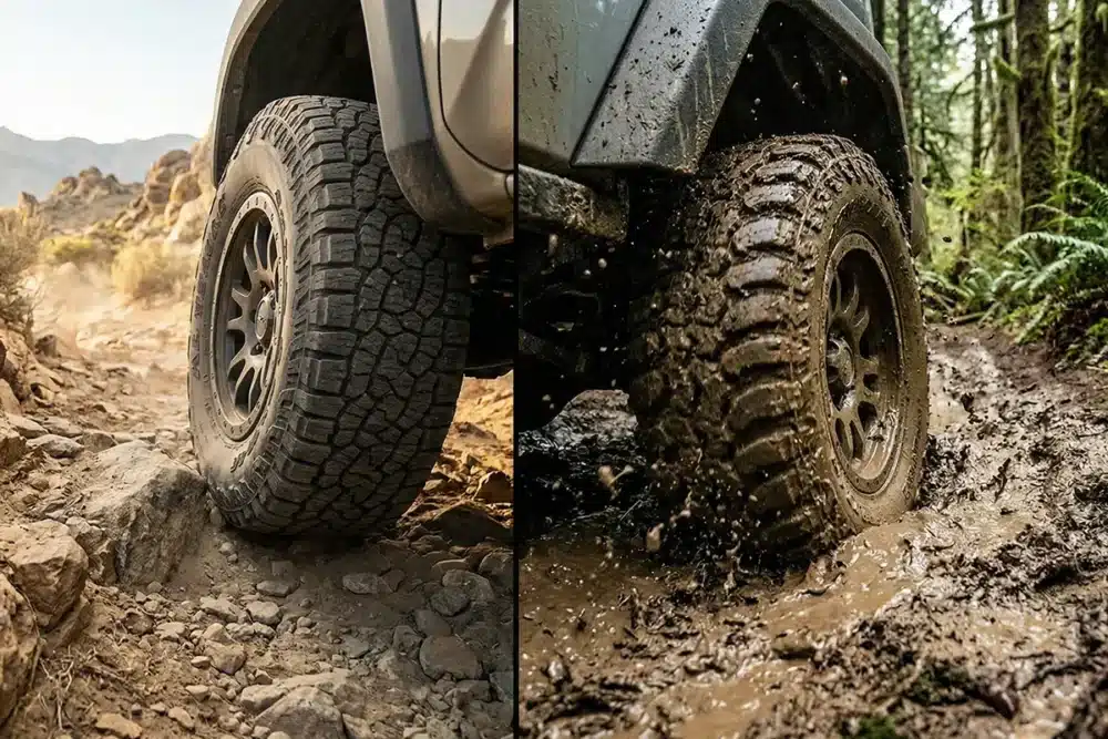 HT vs. AT vs. MT Tires: Which Is Right for You? 9 AT tire on a rocky trail vs MT tire in deep mud