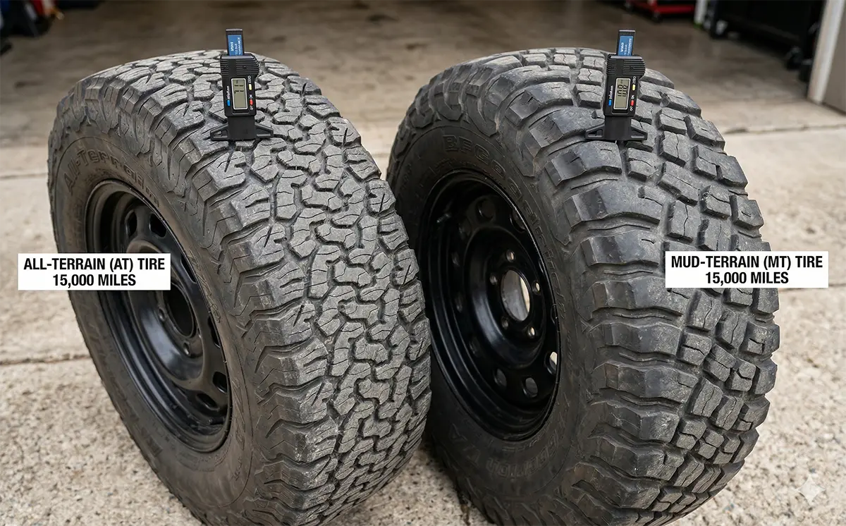 AT vs MT Tires: Which Is Right for Your Truck? 5 AT tire vs MT tire with measurement gauge