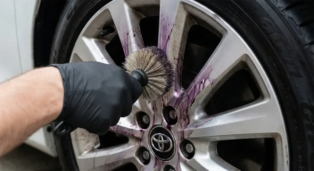 How to Maintain Your Wheels: A Real-World Testing Guide 4 Agitating the color-changing wheel cleaner with a soft brush on the Camry's wheel