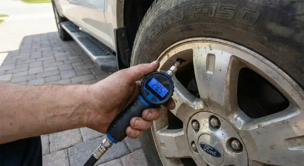 Checking tire pressure with gauge