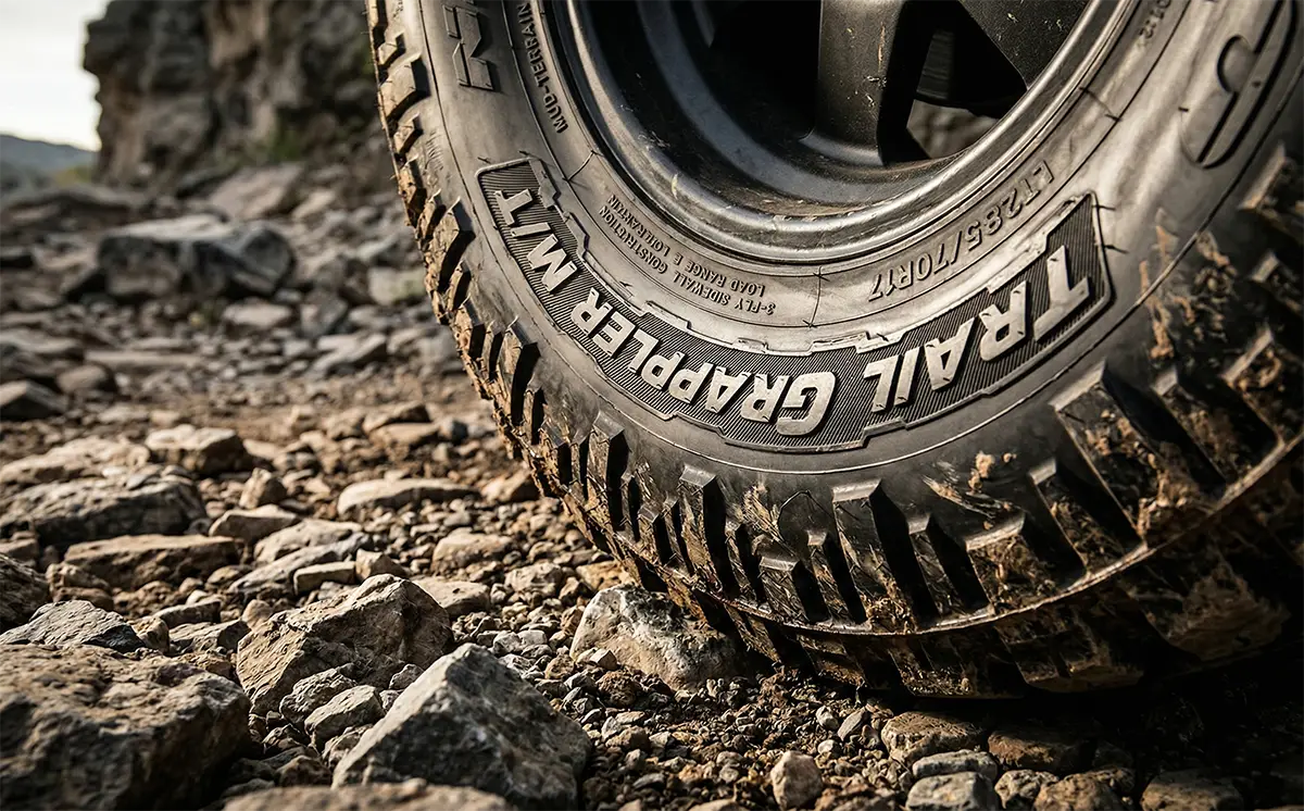AT vs MT Tires: Which Is Right for Your Truck? 9 Close-up of mud-terrain tire reinforced sidewall