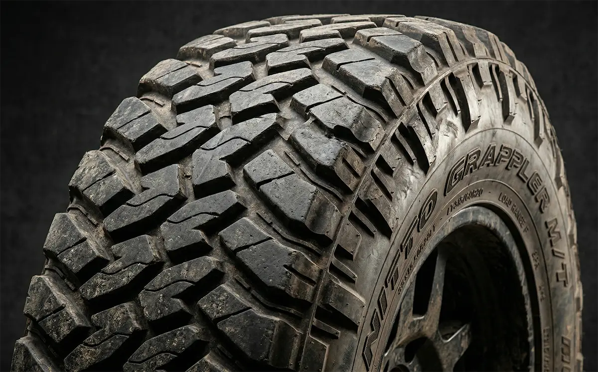 AT vs MT Tires: Which Is Right for Your Truck? 3 Close-up of mud-terrain tire tread pattern