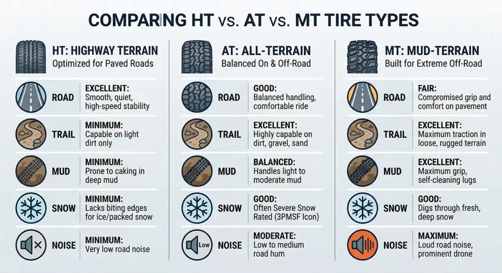HT vs. AT vs. MT Tires: Which Is Right for You? 4 Comparison chart of HT AT MT tires