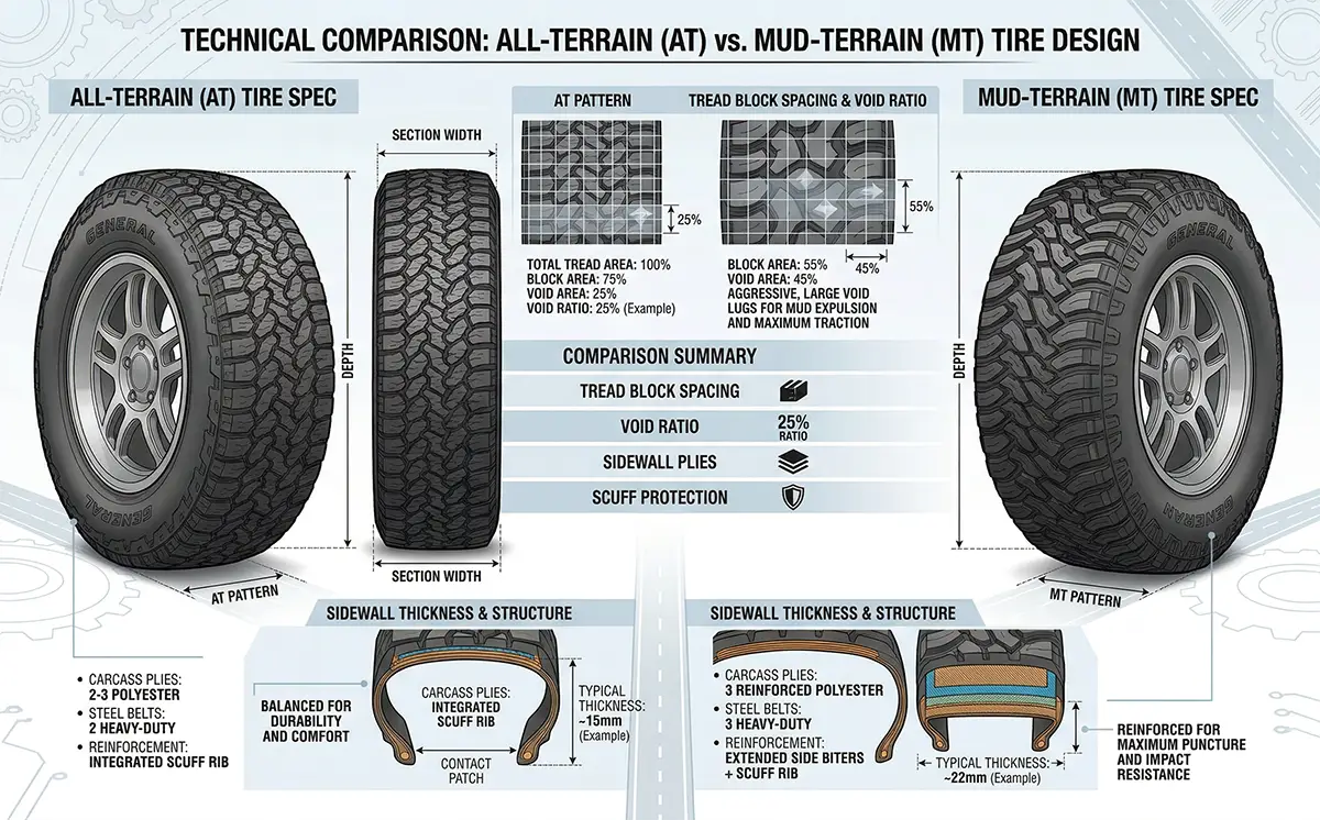 AT vs MT Tires: Which Is Right for Your Truck? 6 Comparison of AT vs MT tire tread patterns showing tread block spacing, void ratios, and sidewall thickness