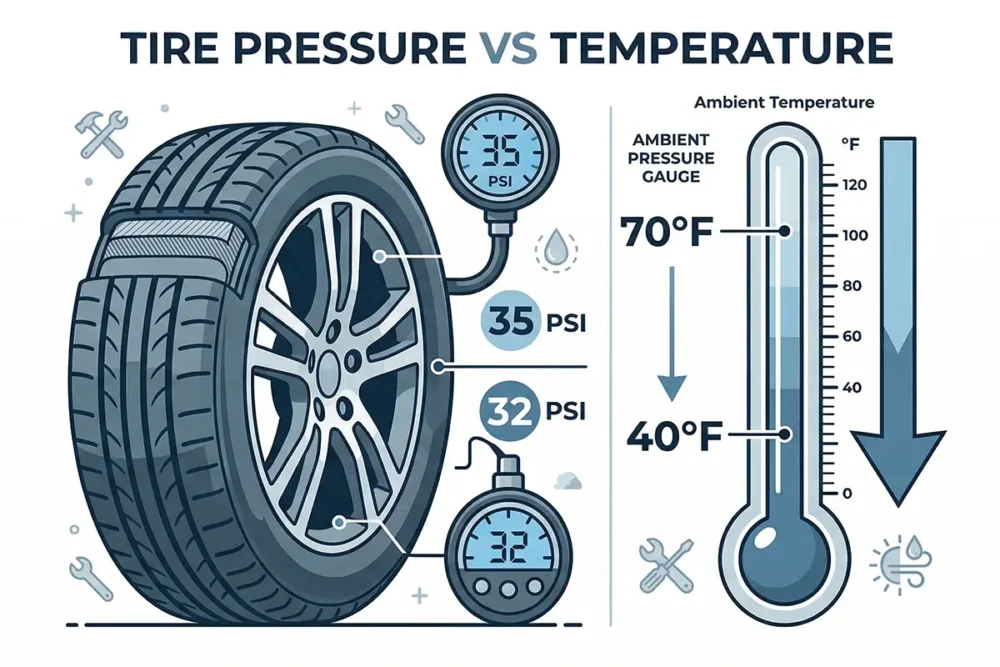 Why Do Tires Lose Pressure? 9 Real Reasons Explained 3 Infographic showing tire pressure vs temperature relationship