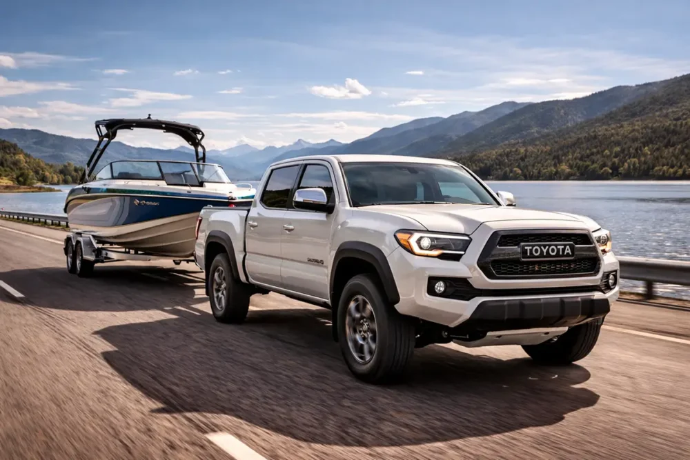 Toyota Tacoma towing a boat trailer
