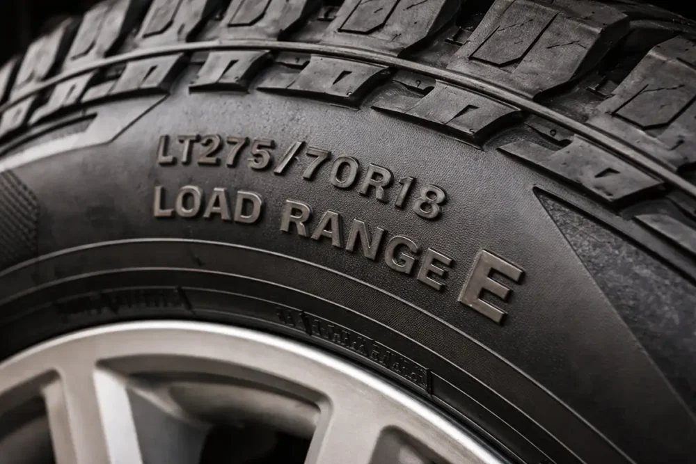 Truck tire sidewall showing Load Range E