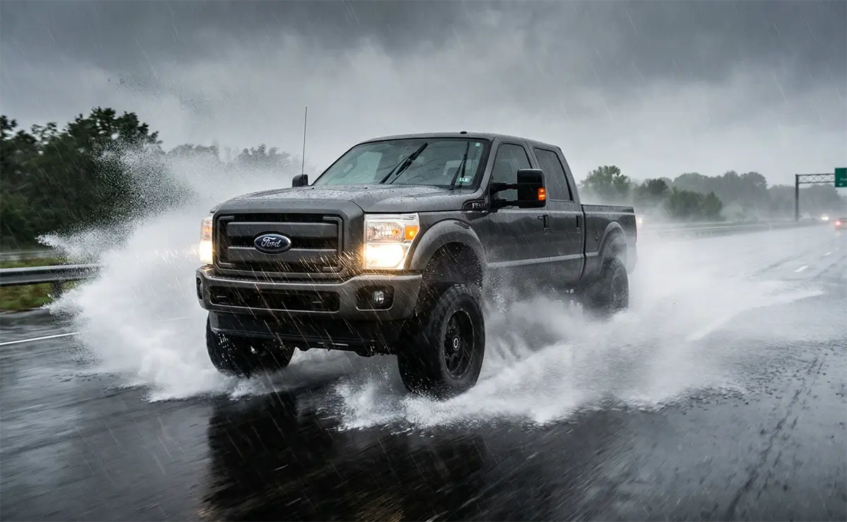 AT vs MT Tires: Which Is Right for Your Truck? 8 Truck with all-terrain tires hydroplaning on wet highway in rain