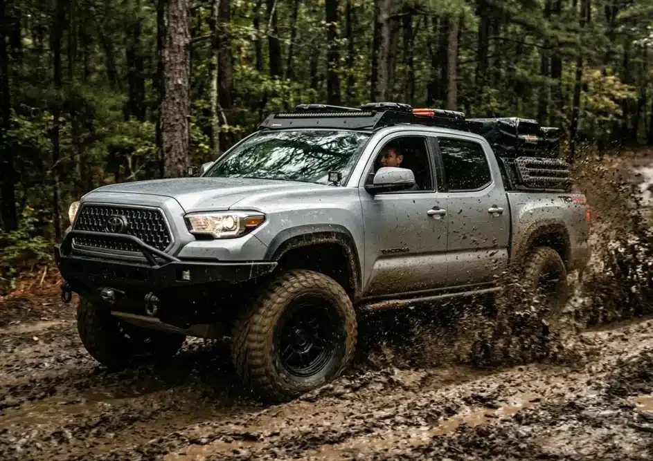 HT vs. AT vs. MT Tires: Which Is Right for You? 7 Truck with mud-terrain tires driving through deep mud trail