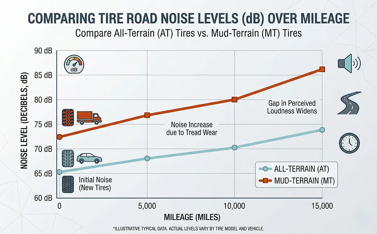 AT vs MT Tires: Which Is Right for Your Truck? 4 Line graph style data visualization comparing noise levels in dB