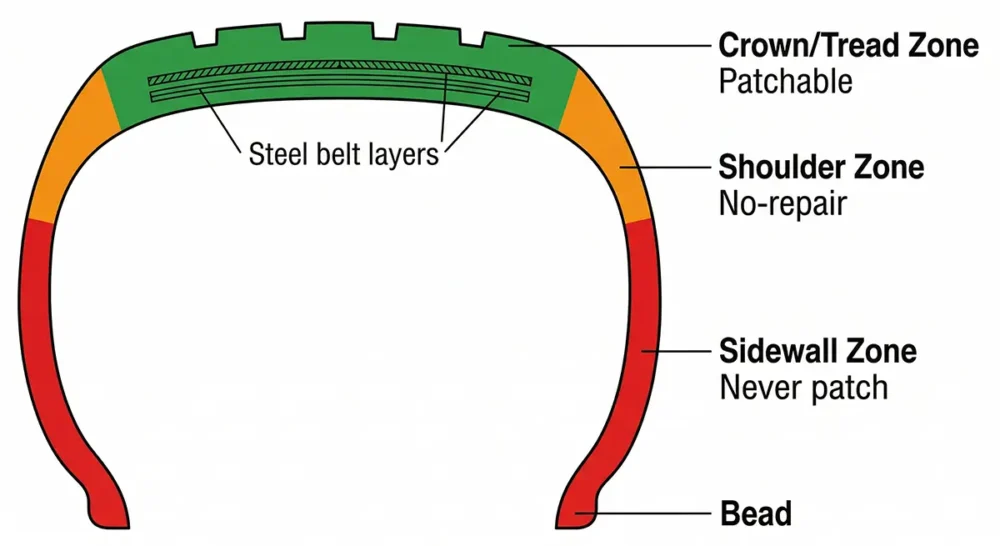 Cross-section of a typical passenger tire showing the three zones. Only damage within the crown/tread area can be permanently repaired.