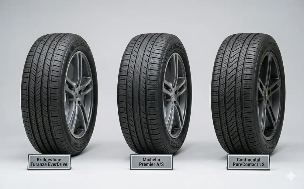 Comparison lineup of Bridgestone Turanza EverDrive next to Michelin Premier A/S and Continental PureContact LS