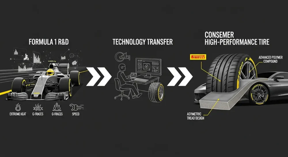 Infographic Showing Pirelli'S Technology Transfer Process, Starting With Formula 1 Research, Moving To A Technology Lab, And Ending With A High-Performance Consumer Tire.