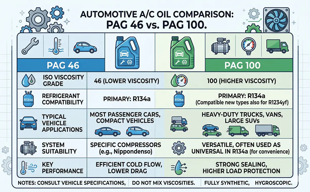 Pag 46 vs Pag 100: Comparing the Key Differences Between A/C Compressor Oils 6 Comparison table graphic of PAG 46 vs PAG 100
