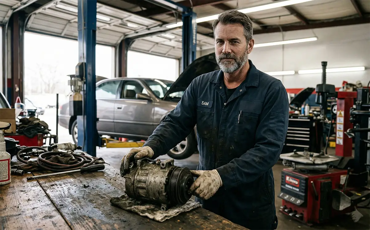 Pag 46 vs Pag 100: Comparing the Key Differences Between A/C Compressor Oils 8 Mechanic inspecting a seized AC compressor