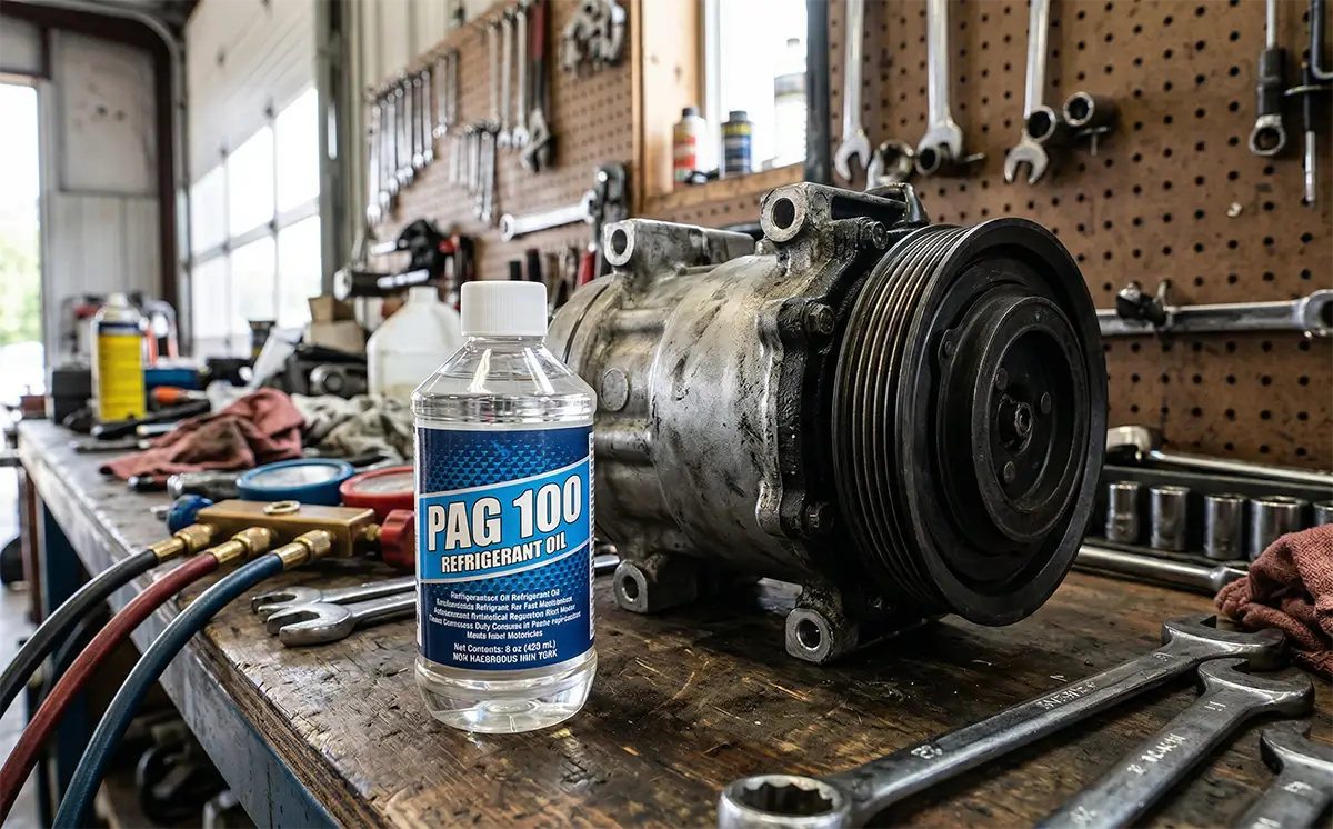 Pag 46 vs Pag 100: Comparing the Key Differences Between A/C Compressor Oils 5 PAG 100 oil bottle next to a heavy-duty truck AC compressor
