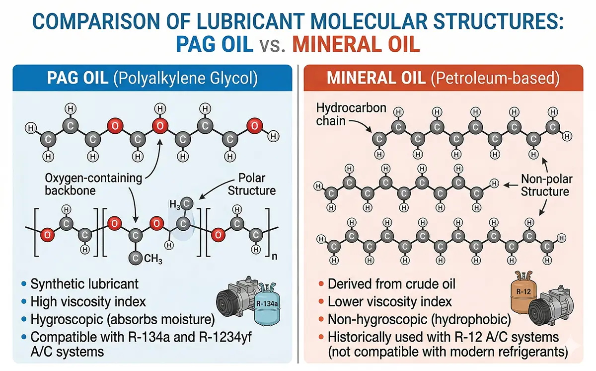 Pag 46 vs Pag 100: Comparing the Key Differences Between A/C Compressor Oils 3 PAG oil molecular structure versus mineral oil