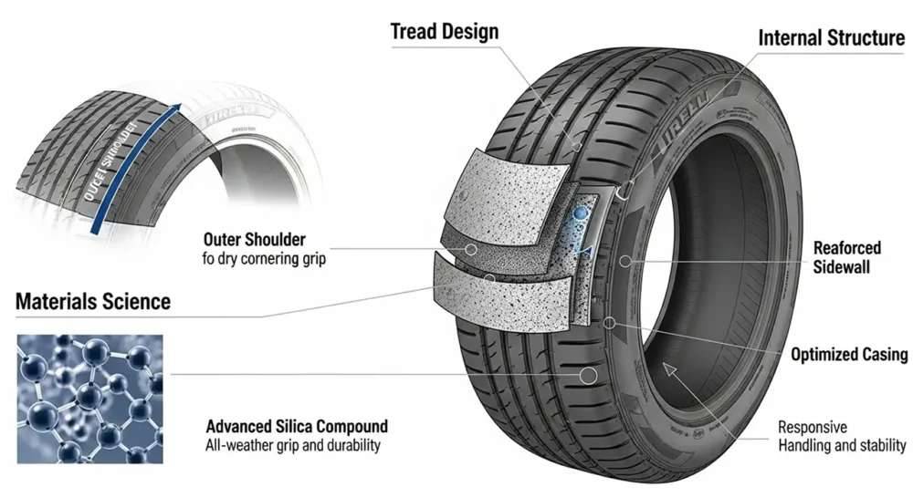 A Detailed Cutaway Illustration Of A Pirelli Tire, Highlighting Key Technologies Like The Asymmetric Tread Design, Advanced Material Compounds, And Reinforced Internal Structure.