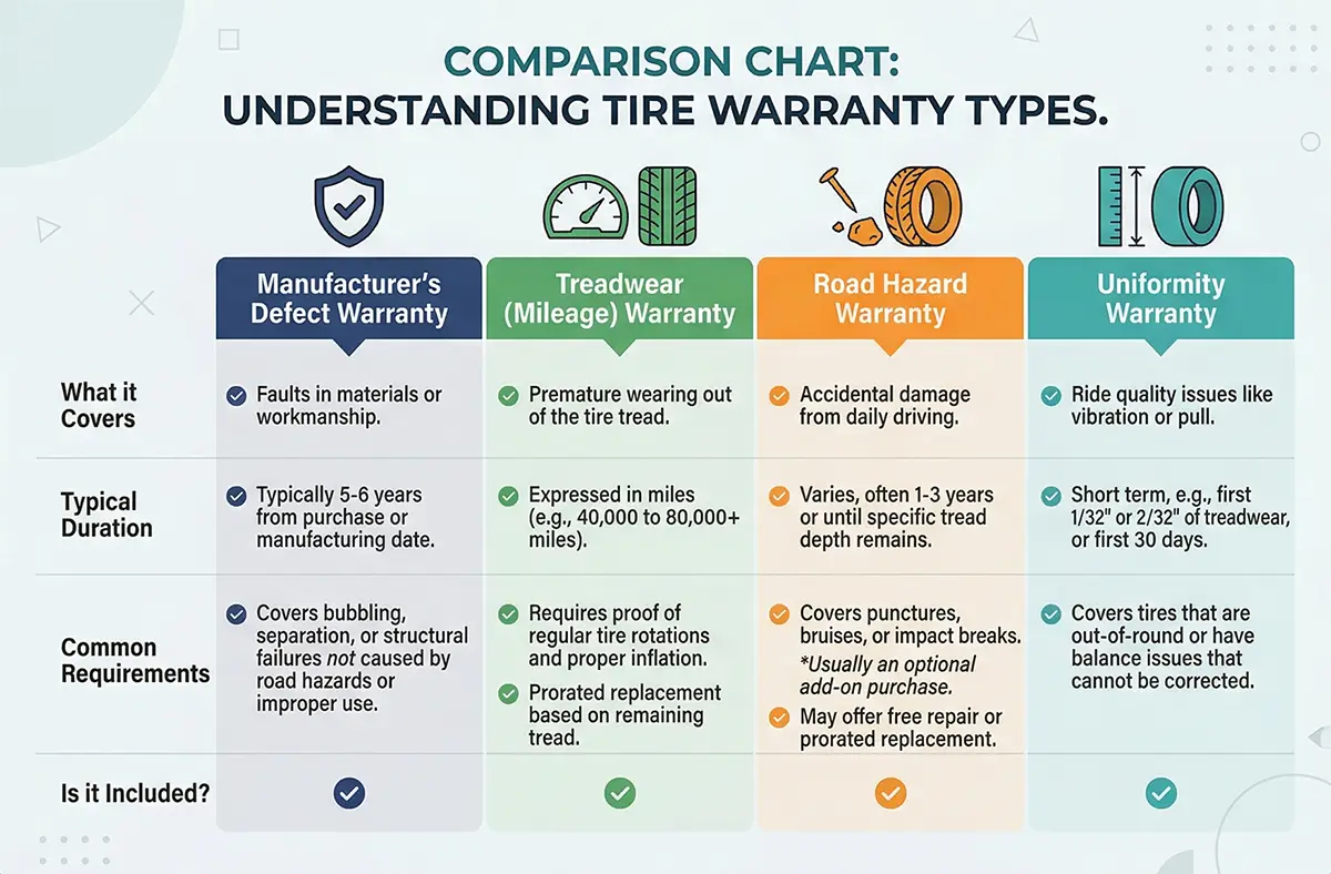 Comparison chart of tire warranty types