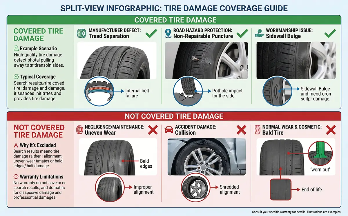 Infographic showing covered vs not covered tire damage