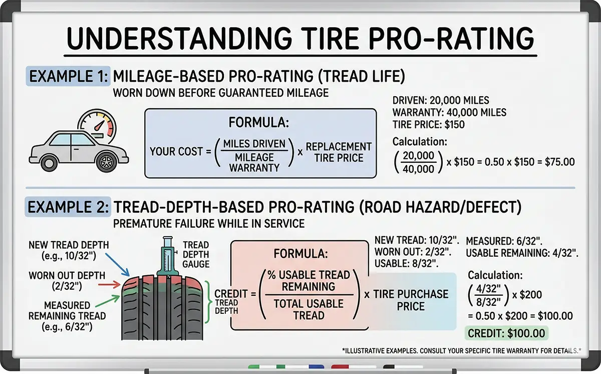 Math style graphic showing tire pro-rating calculation