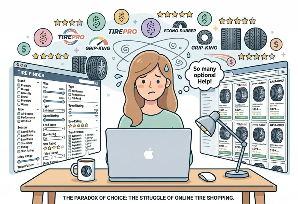 Overwhelmed shopper facing a wall of tire choices