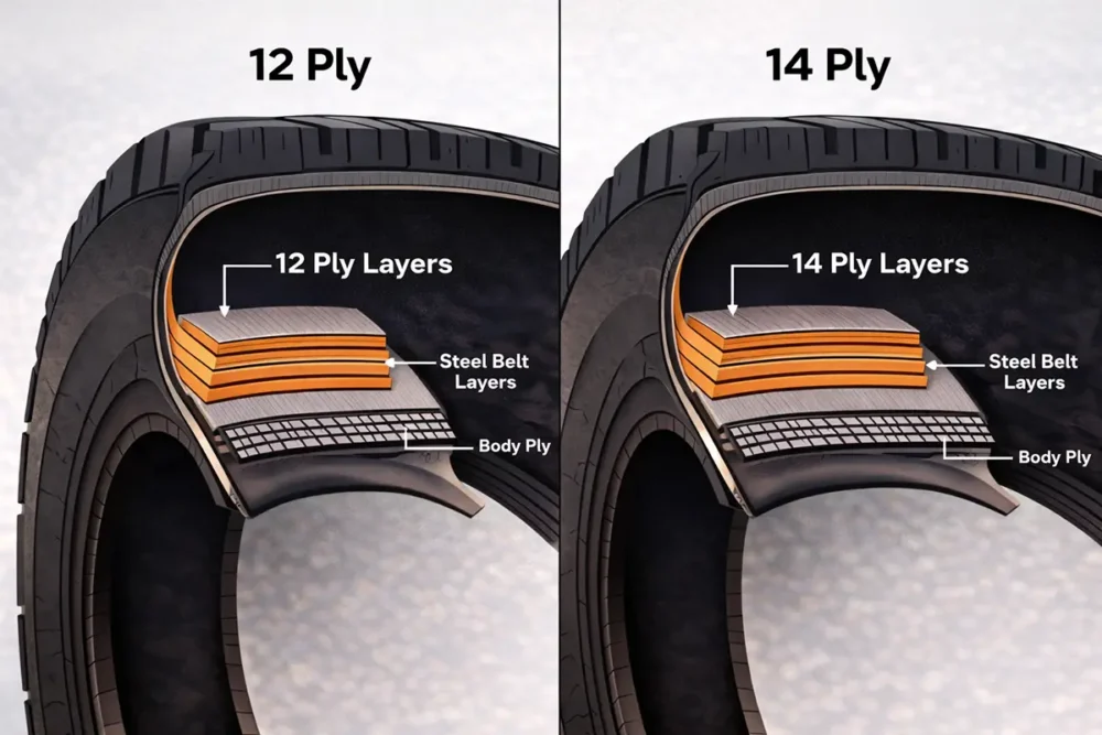 Diagram of 12 ply vs 14 ply tire sidewall construction