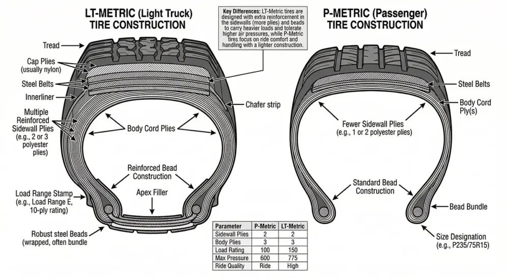 LT tire cross-section diagram showing reinforced sidewall plies and bead construction