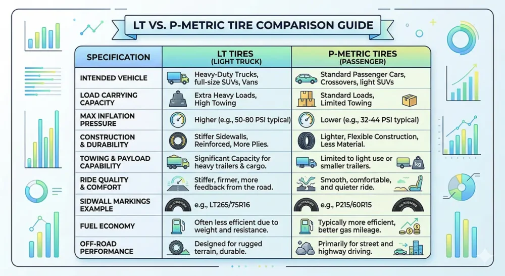LT vs P-Metric Tire Specs Infographic