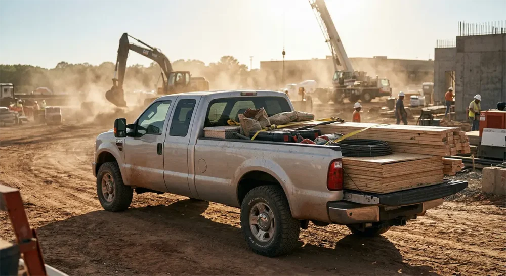 Pickup truck loaded with construction materials
