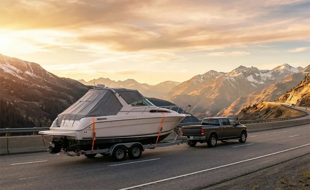 Pickup truck towing a heavy boat trailer