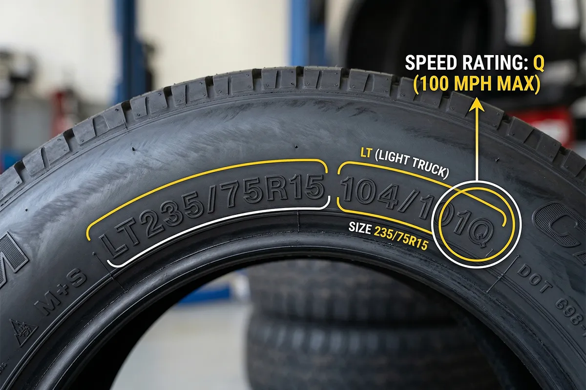 Q vs T Speed Rating: What's the Difference and Which One Do You Need? 4 Tire sidewall showing a speed rating code
