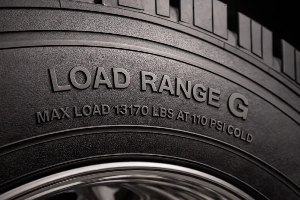 Tire sidewall showing load range G marking