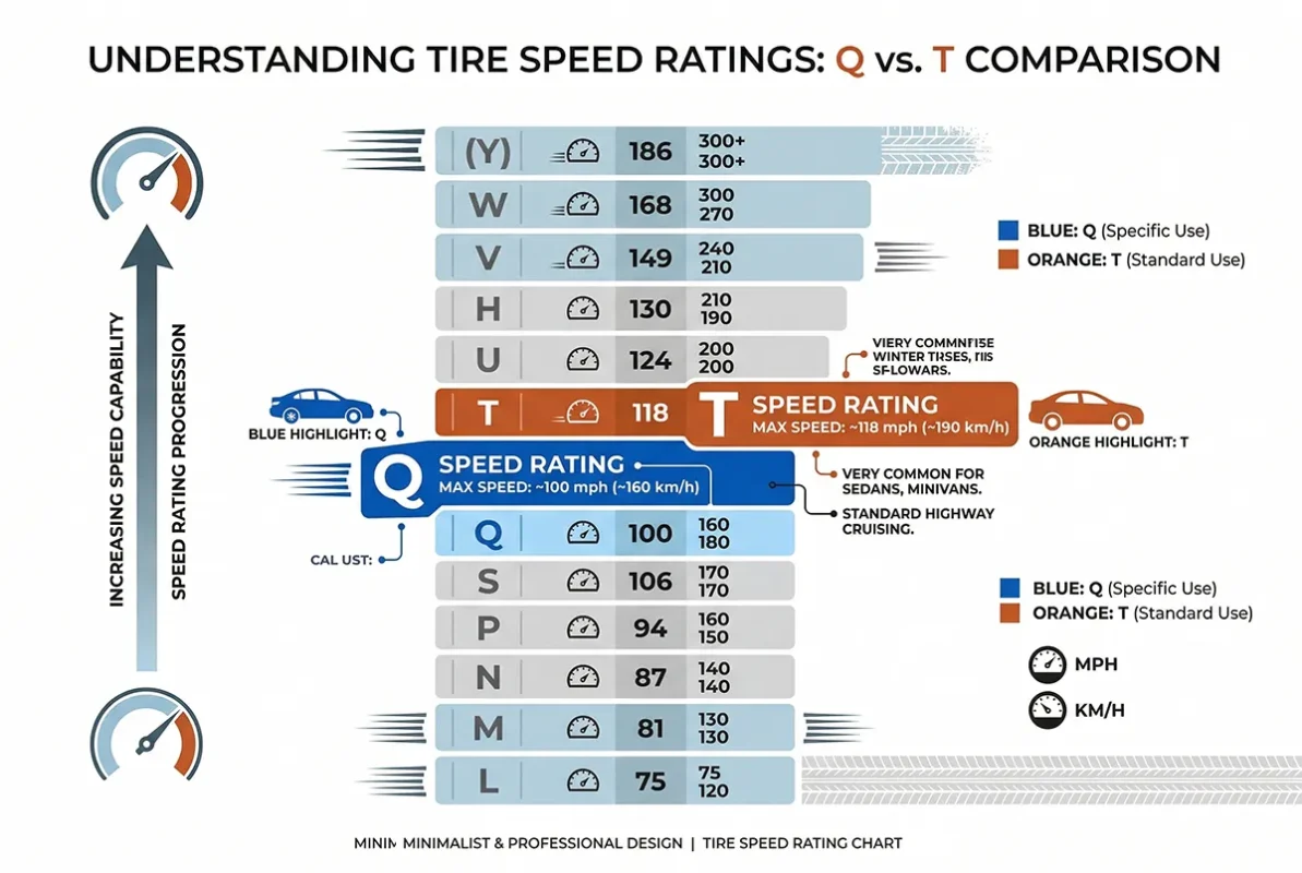Q vs T Speed Rating: What's the Difference and Which One Do You Need? 3 Tire speed ratings comparison chart Q and T comparison