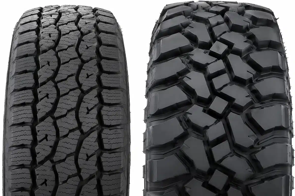 Split image showing all-terrain tire tread pattern close-up vs mud terrain tread pattern close-up